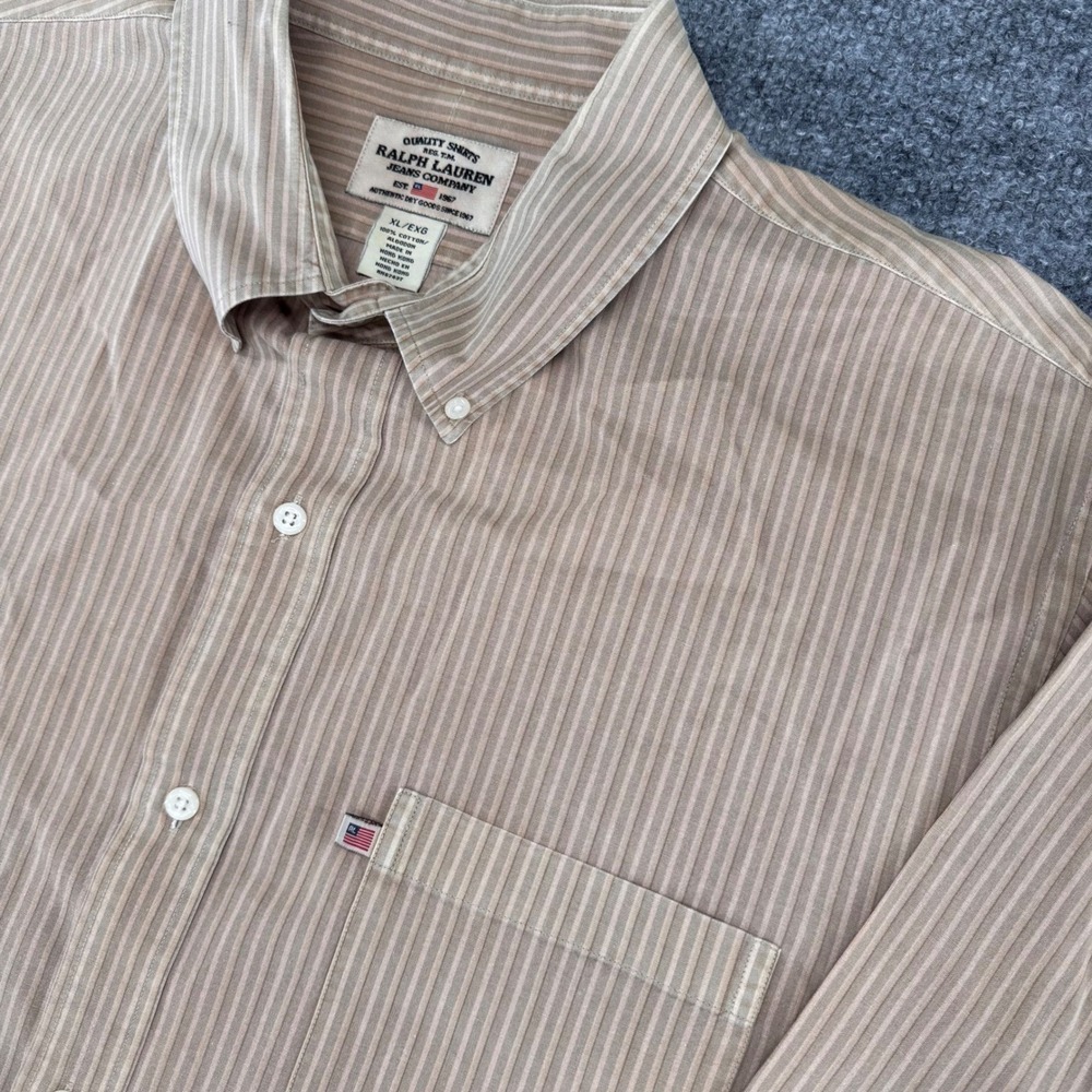 Ralph‎ Lauren Jeans Company Shirt Mens XL Striped Cotton Button Down Tan Vintage